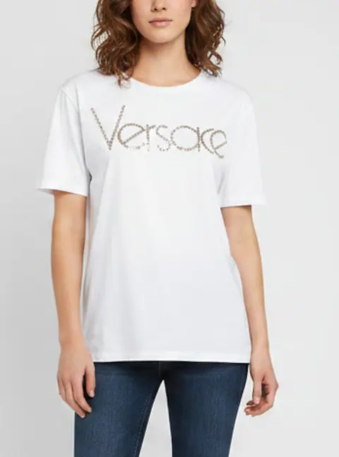 Versace White Logo Embellished Cotton Short Sleeve T-Shirt L