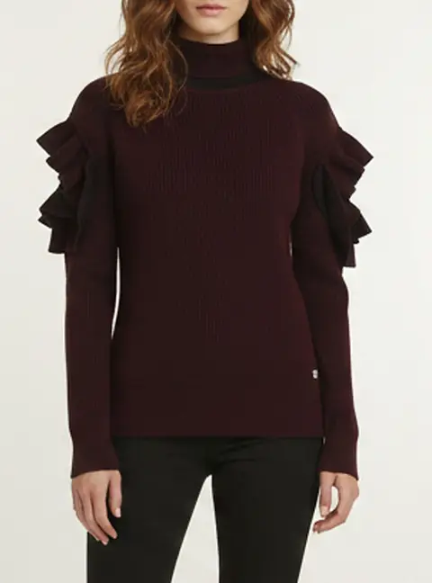 Versace Burgundy Rib Knit Ruffled Turtle Neck Sweater M