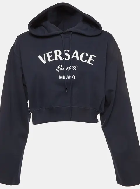 Versace Navy Blue Logo Embroidered Cotton Knit Cropped Hoodie XS