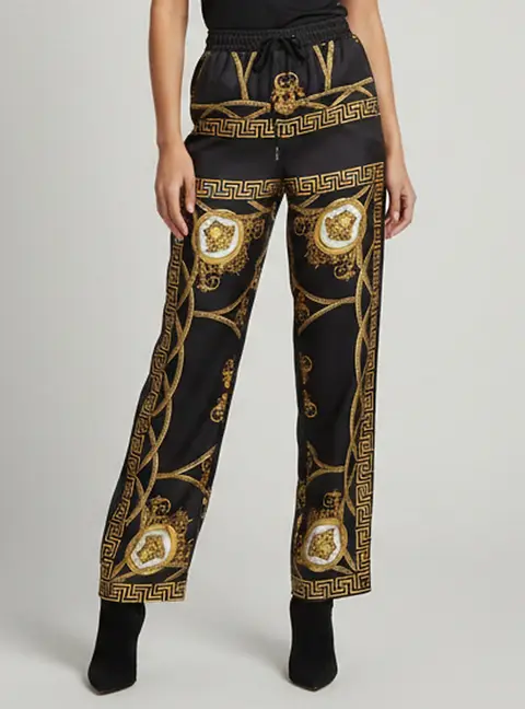 Versace Black Baroque Print Silk Wide Leg Cope De Deaux Pants S