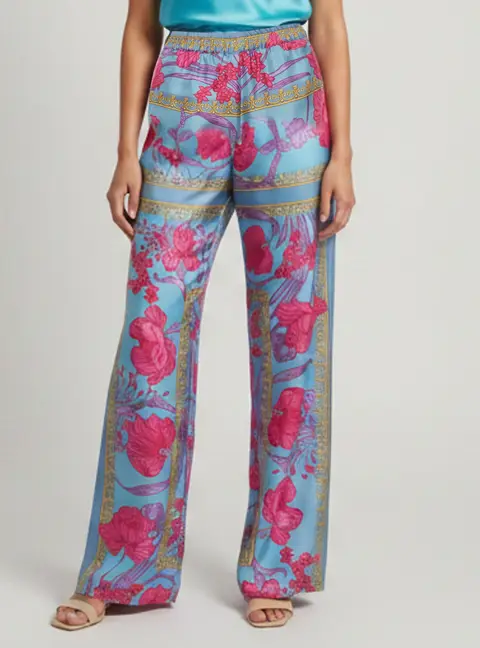 Versace Blue Floral Print Silk Wide Leg Pants S