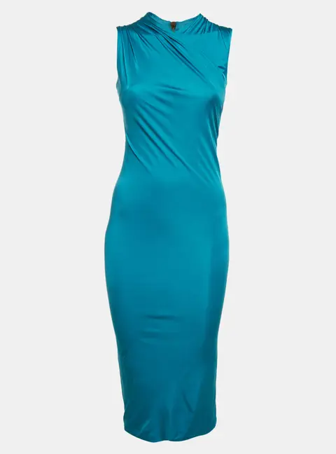 Versace Blue Stretch Satin Ruched Sleeveless Dress XS
