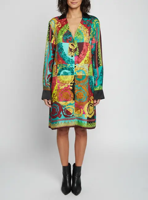 Versace Multicolor Voyage Barocco Print Silk Shirt Dress L