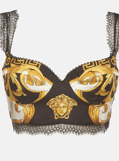 Versace Black/Yellow Medusa Baroque Print Silk and Lace Bralette M
