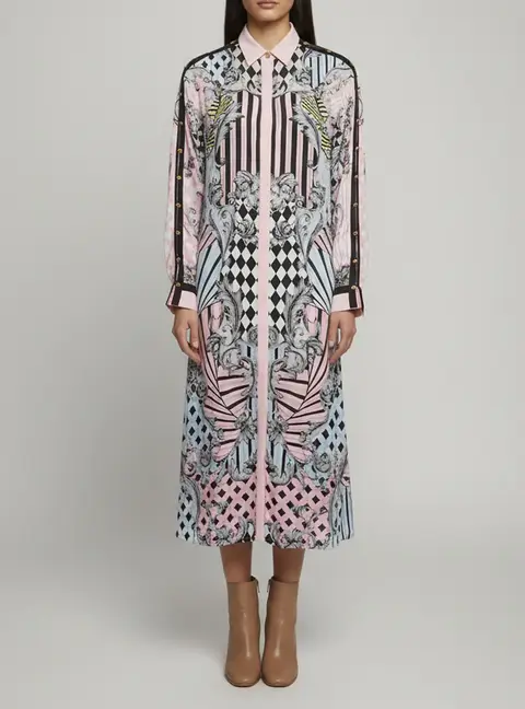 Versace Multicolor Jacquard Long Sleeve Sheer Midi Dress M