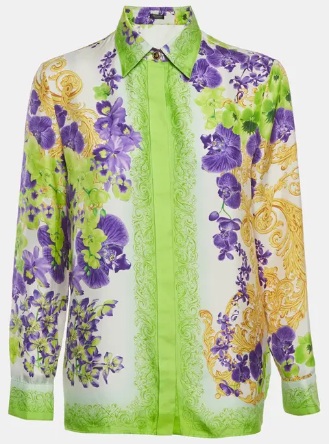 Versace Multicolor Orchid Barocco Print Silk Shirt XXS