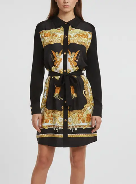 Versace Black Medusa Renaissance Print Silk Rib Knit Mini Dress XL