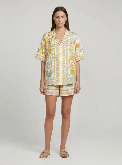 Versace Cream Underwater Barocco Print Silk Shirt and Shorts Set XL