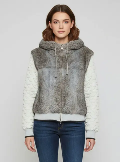 Versace Sport Vintage Blue/Grey Fur Quilted Hooded Jacket L