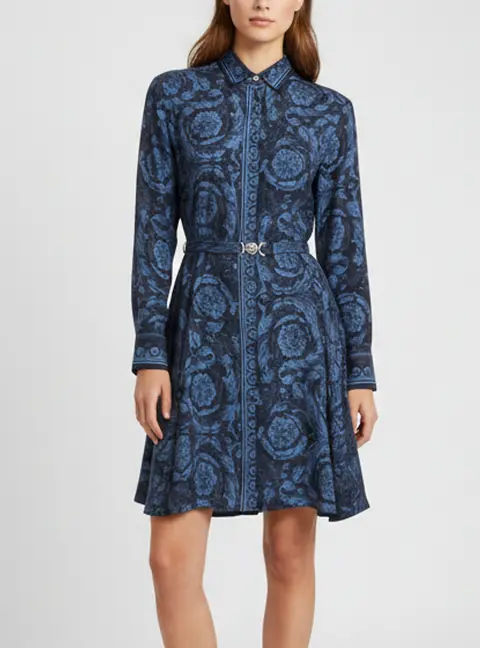 Versace Navy Blue Barocco Print Silk Long Sleeve Mini Dress S