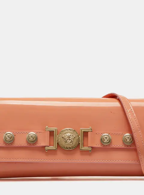 Versace Coral Pink Patent Leather Medusa Flap Continental Wallet On Strap