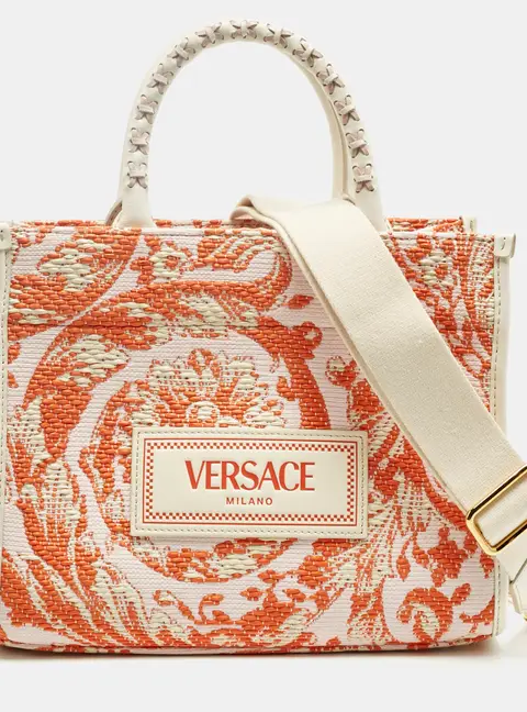 Versace Orange/Pink Canvas and Raffia Small Barocco Athena Tote