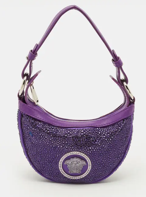 Versace Repeat Crystal Studded Mini Purple Satin Hobo
