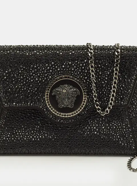 Versace La Medusa Crystals Black Satin Chain Clutch