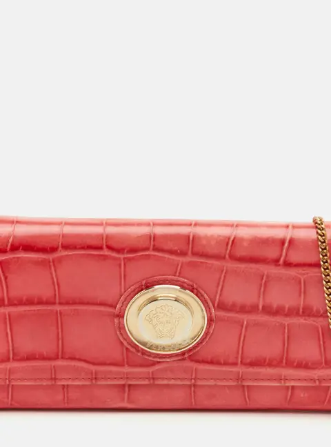 Versace La Medusa Medium Red Croc Embossed Leather Wallet On Chain