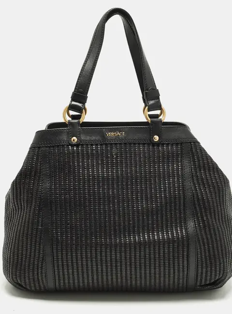 Versace Stripe Black Leather and Raffia Trim Tote