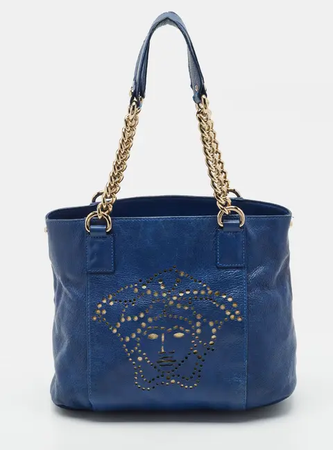 Versace La Medusa Perforated Logo Blue Leather Chain Tote