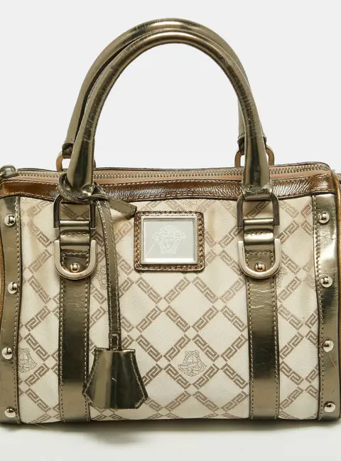 Versace Snap Out Of It Small Beige/Metallic Fabric and Patent Leather Satchel