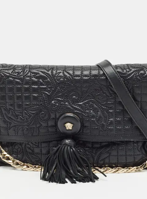 Versace Medusa Tassel Black Quilted Embroidered Leather Flap Shoulder Bag