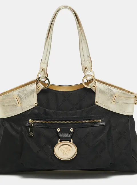 Versace Medusa Black/Gold Signature Nylon and Leather Zip Tote