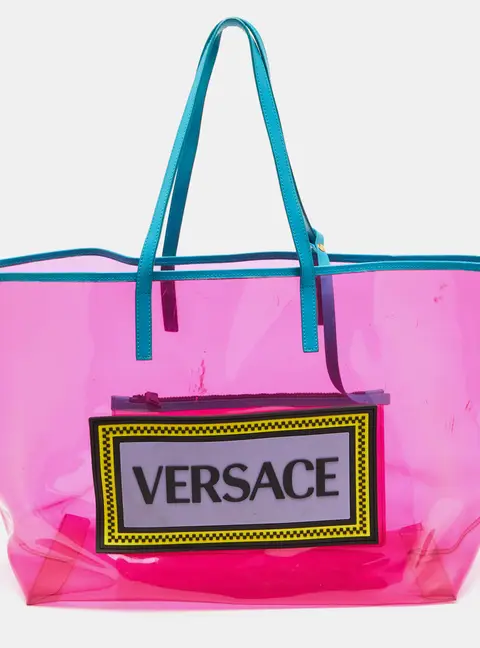 Versace 90s Vintage Pink/Blue PVC and Leather Shopper Tote