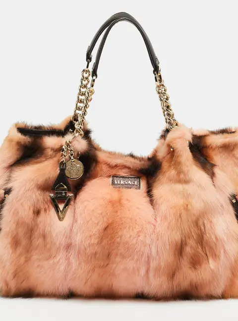 Versace Peach/Choco Brown Fur and Leather Charm Chain Tote