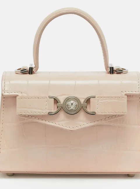 Versace Icon Medusa Mini Beige Croc Embossed Leather Top Handle Bag