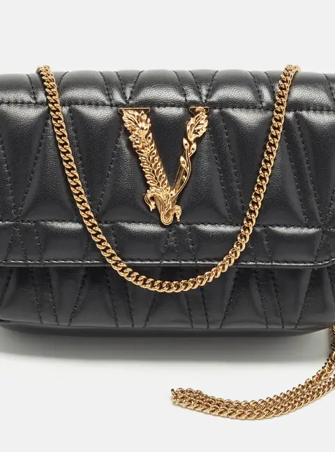 Versace Virtus Black Quilt Leather Chain Crossbody Bag
