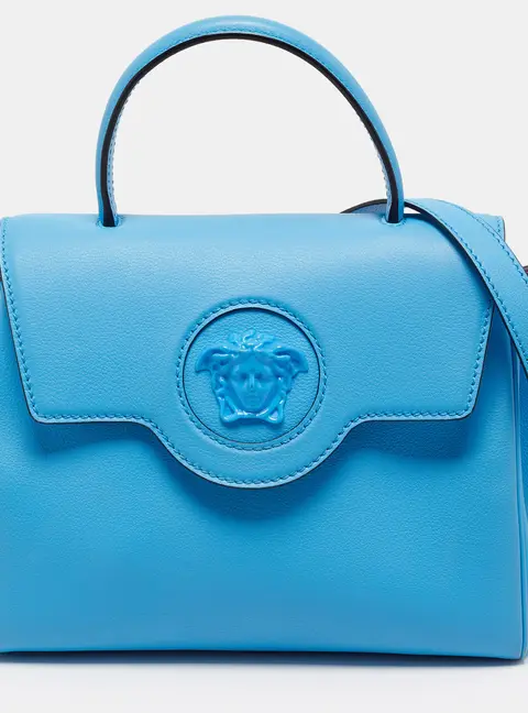 Versace La Medusa Blue Leather Flap Top Handle Bag