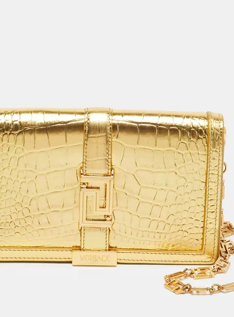 Versace Greca Goddess Mini Gold Croc Embossed Leather Chain Clutch