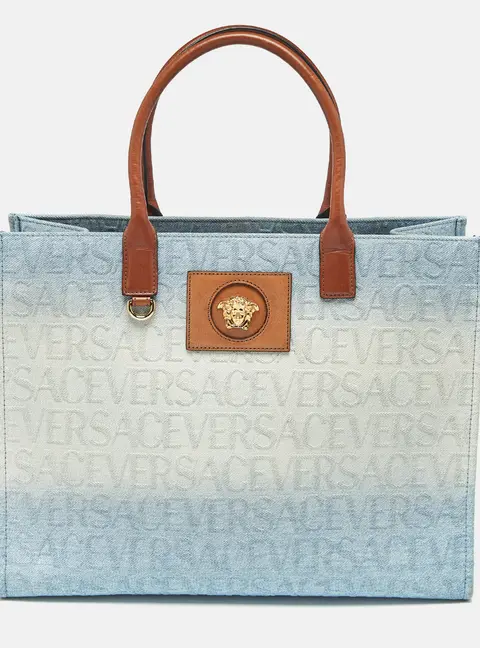 Versace La Medusa Blue Ombre Denim and Leather Tote