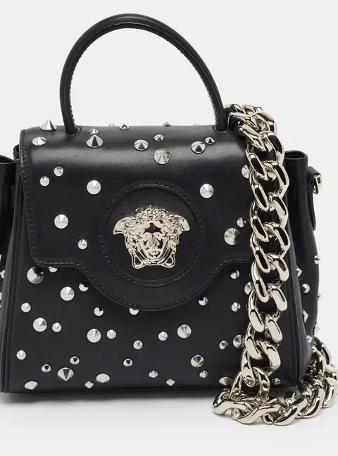 Versace La Medusa Studded Black Leather Top Handle Bag