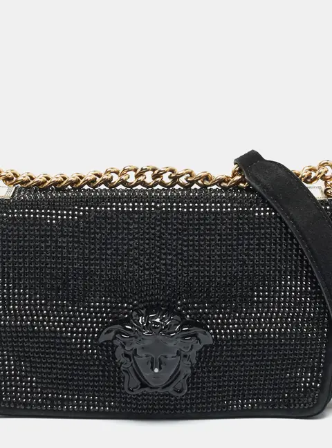 Versace Sultan Medusa Black Crystal Embellished Suede Shoulder Bag