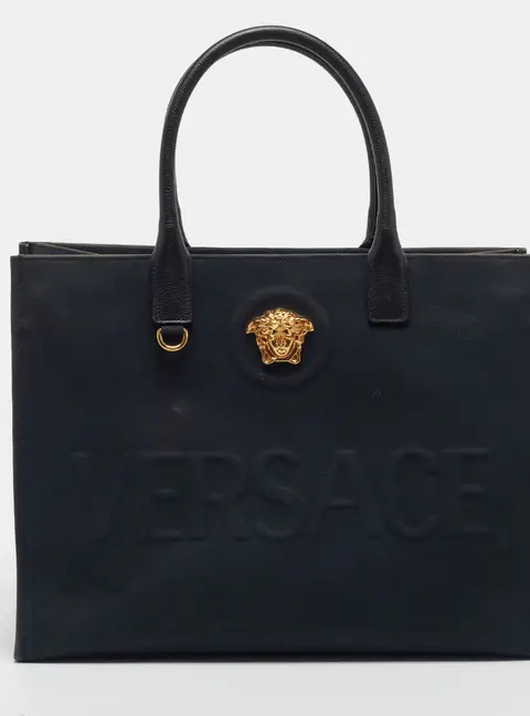 Versace La Medusa Large Black Canvas and Leather Tote