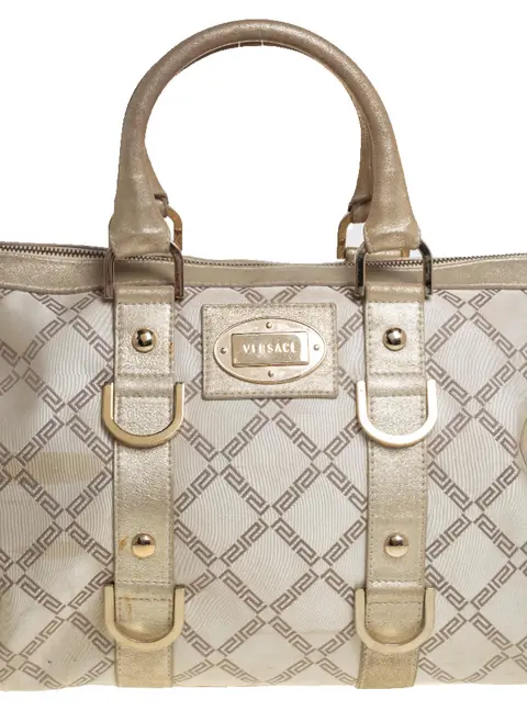 Versace Metallic Gold/Cream Signature Canvas and Leather Snap Out Of It Satchel