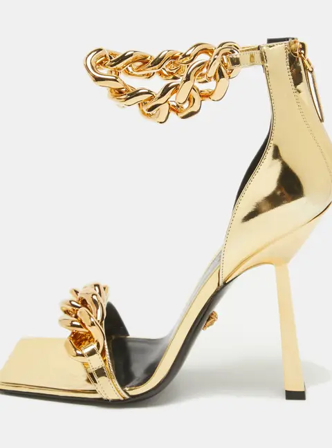 Versace Gold Patent Leather Medusa Chain Ankle Strap Sandals Size 40
