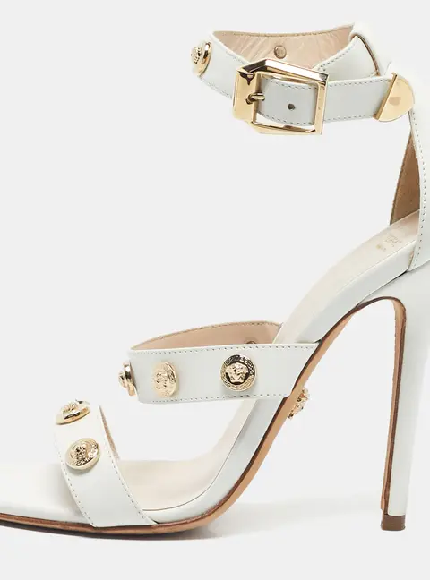 Versace White Leather Studded Medusa Ankle Strap Sandals Size 38