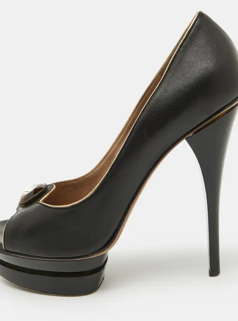 Versace Black Leather Crystal Peep Toe Platform Pumps Size 38.5