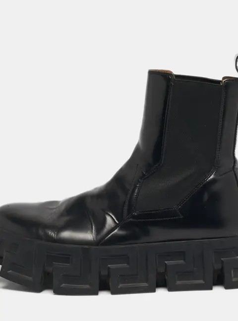 Versace Greca Size 38 Black Leather Ankle Length Boots