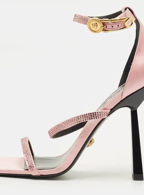Versace Safety Pin Medusa Size 40 Pink Satin Crystal Embellished Ankle Strap Sandals