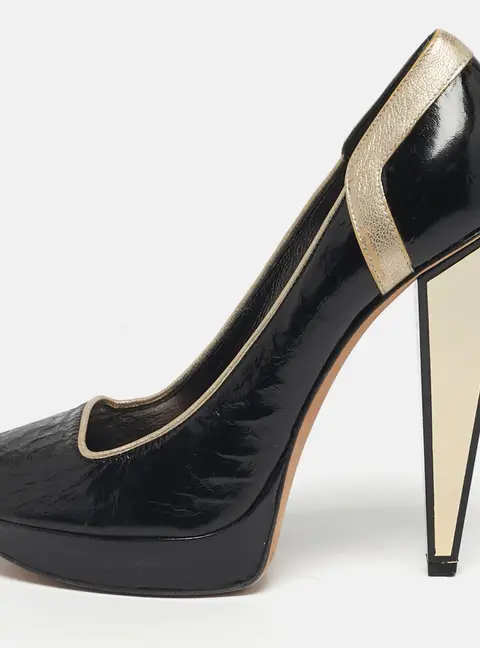 Versace Size 40 Black/Gold Leather Platform Peep Toe Platform Pumps