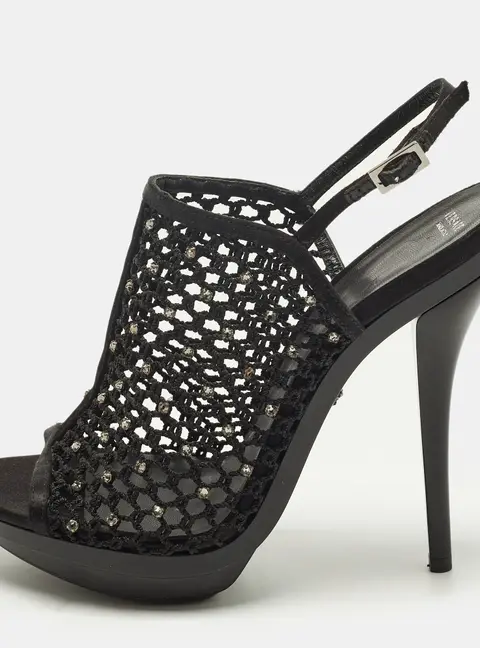 Versace Size 40 Black Mesh and Satin Rhinestone Embellished Open Toe Ankle Strap Sandals