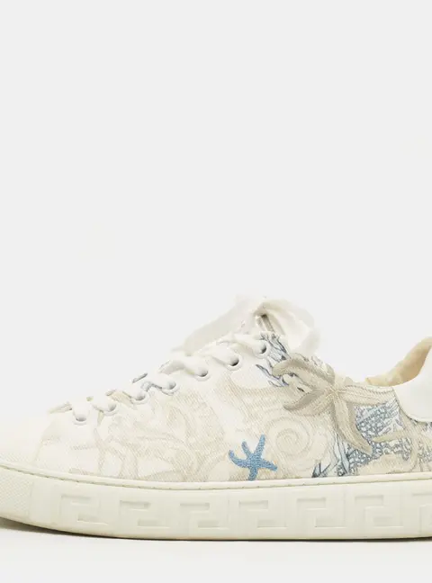 Versace Greca Size 39 White Canvas and Leather Coral Theater Lace Up Sneakers