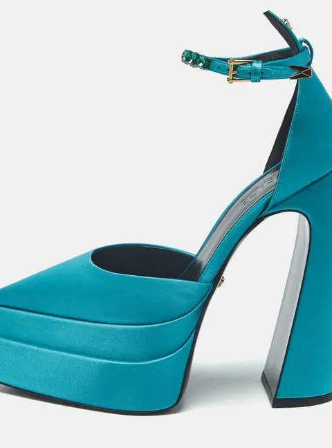 Versace Aevitas Size 41 Teal Blue Satin Platform Pumps