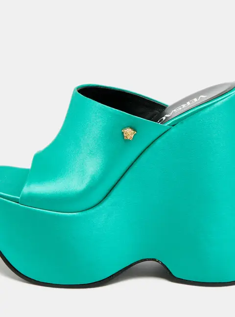 Versace Triplatform Size 37 Green Satin Wedge Sandals