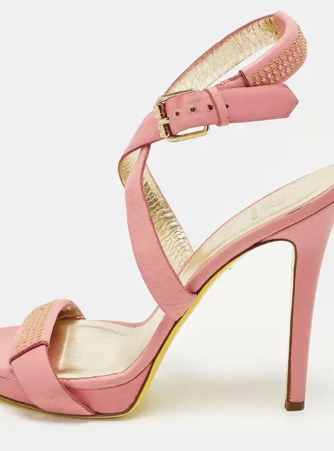 Versace Size 40 Pink Leather Embellished Stud Ankle Strap Platform Sandals
