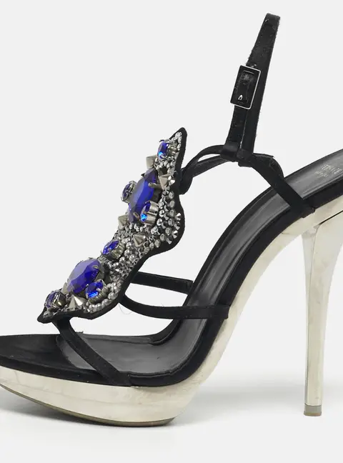 Versace Size 38 Black Satin Crystal Embellished Slingback Sandals