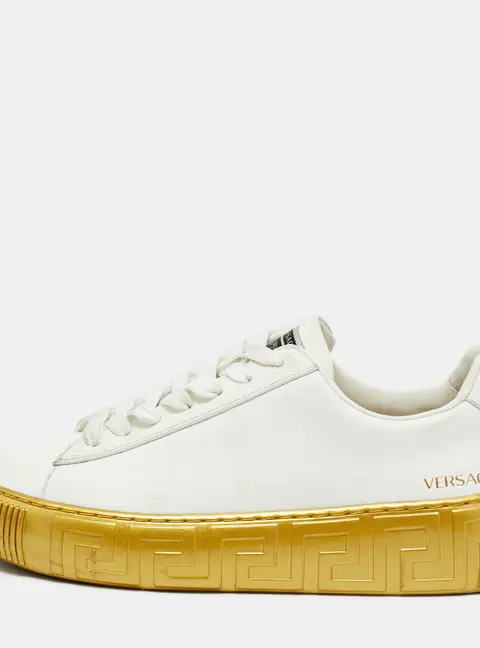 Versace Greca Size 39 White/Gold Leather Lace Up Sneakers
