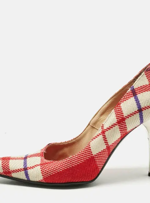 Versace White/Red Plaid Check Fabric Pointed Toe Pumps Size 38