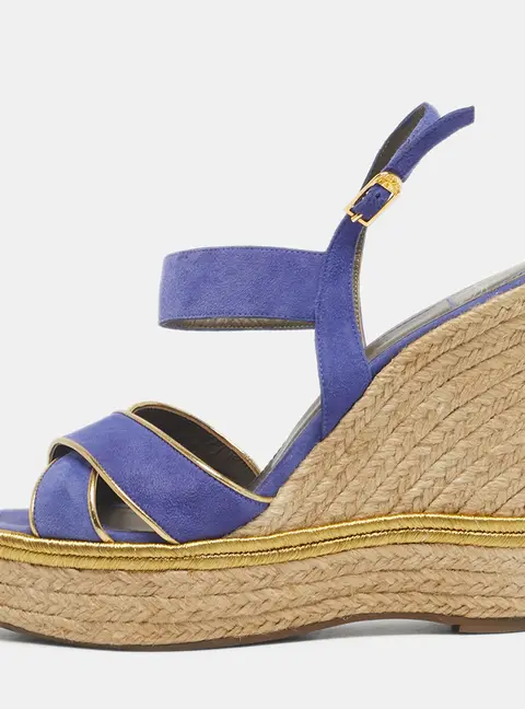 Versace Blue Suede Espadrille Strappy Wedge Sandals Size 39